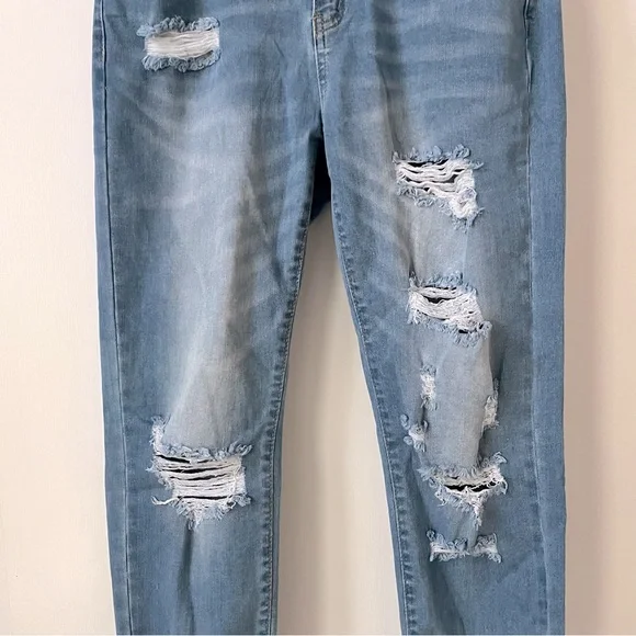 Raw Hem Medium Wash Distressed Ripped Hole Boyfriend Denim Jeans - Picture 6 of 12